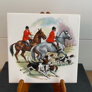The Fox Hunt Ceramic Trivet Vintage Equestrian Themed Horses Dogs Heritage